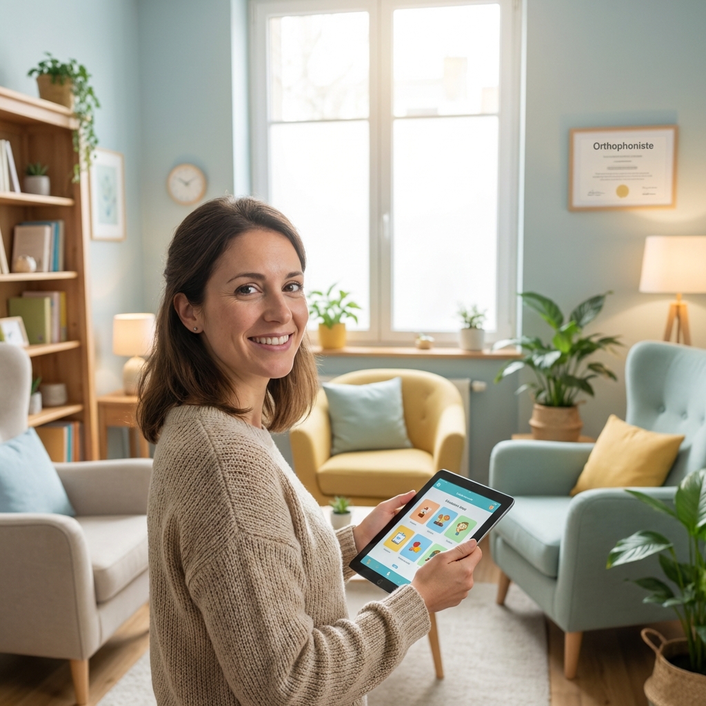 Orthophoniste souriante avec une tablette
